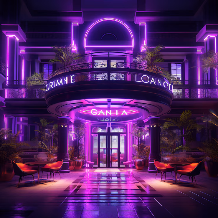 Mystical venue interior with purple lighting and entertainment areas