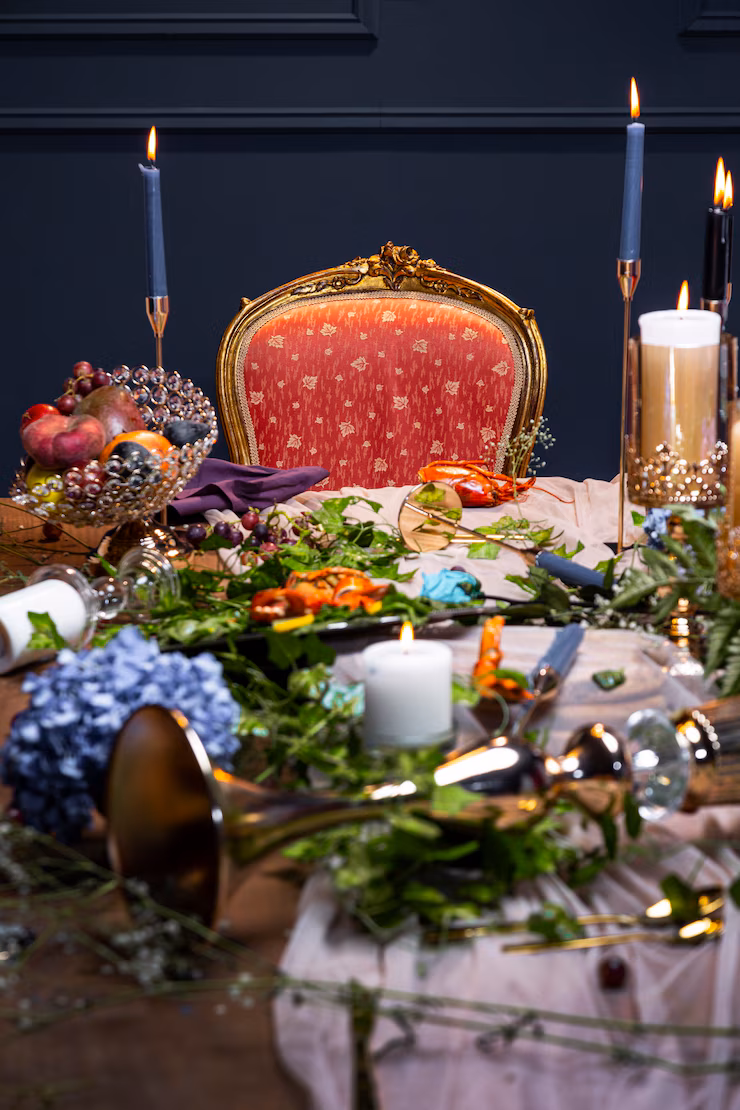 Gourmet dining area with mystical themed food presentation